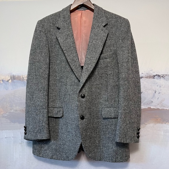 Vtg HARRIS TWEED Barleycorn Blazer Men 42R Scottish Wool Gray Sport Coat USA 90s - Picture 1 of 16